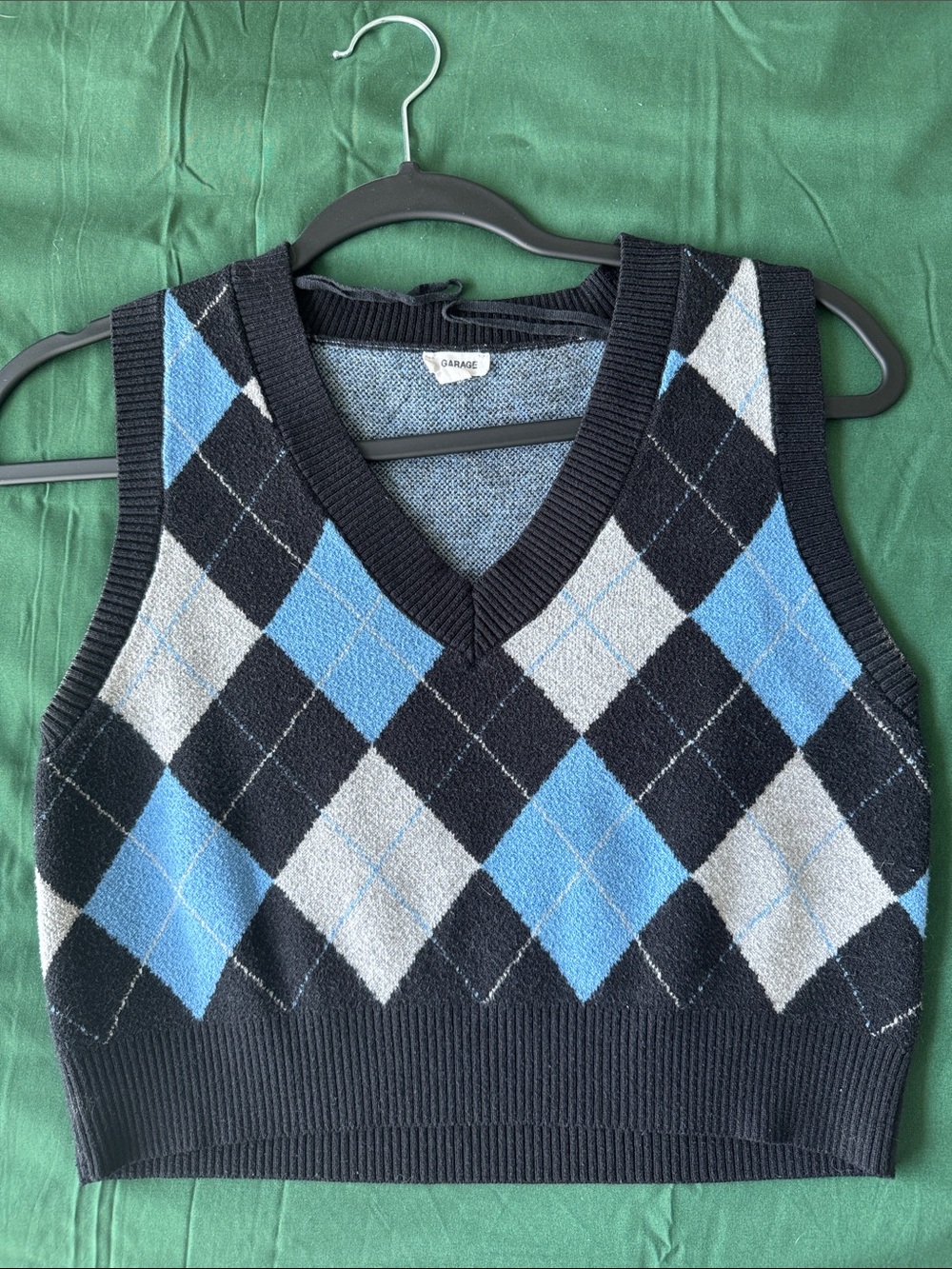 Garage Women's Black, Blue & Gray Argyle V-Neck Sweater Vest